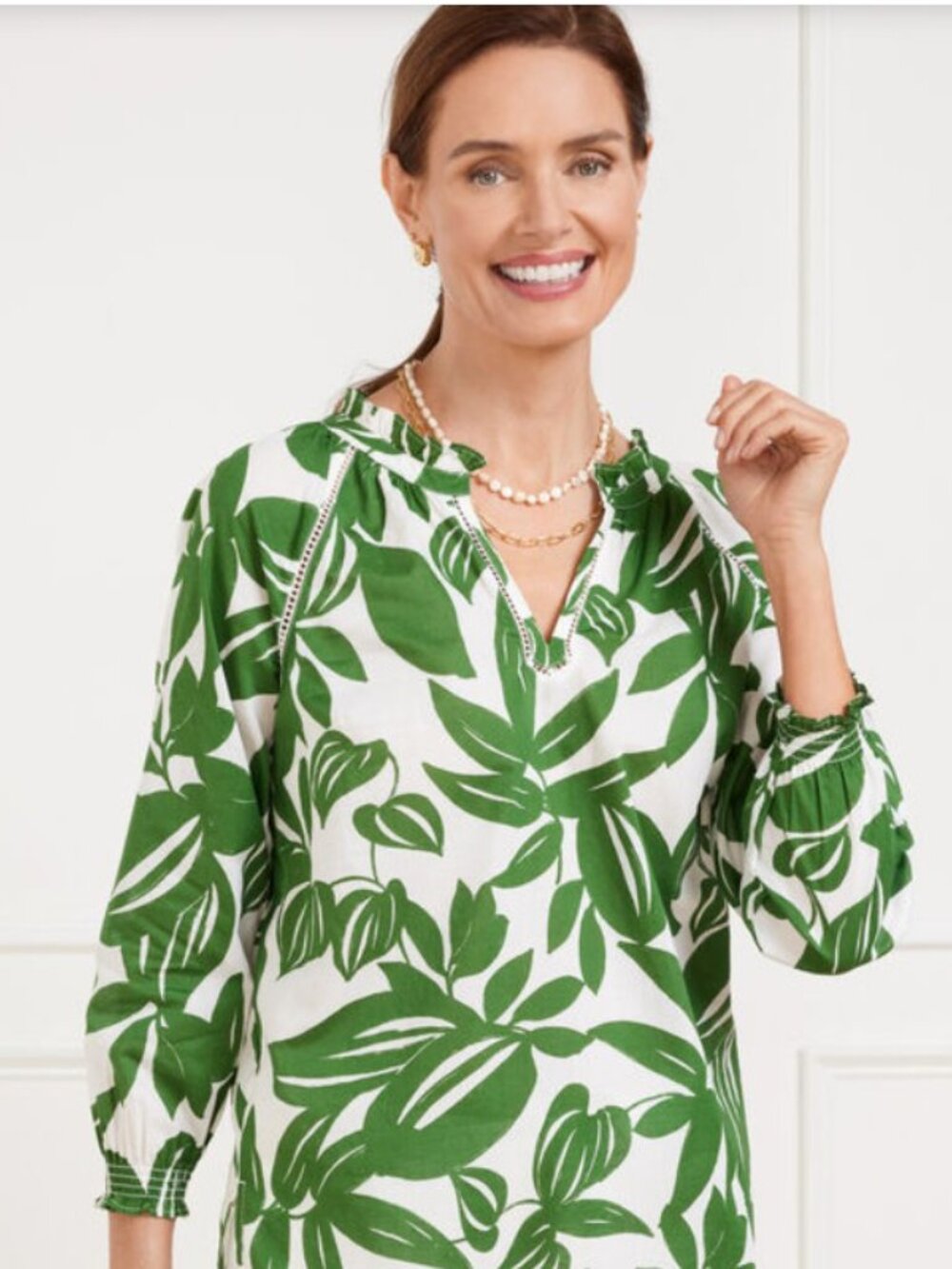 Talbots Botanical Paradise Tunic 100% Cotton Smocked Ruffle V-Neck Green Size M